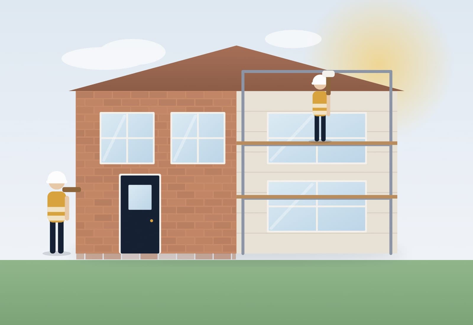 Illustratie van een gerenoveerde woning met nieuwe kozijnen